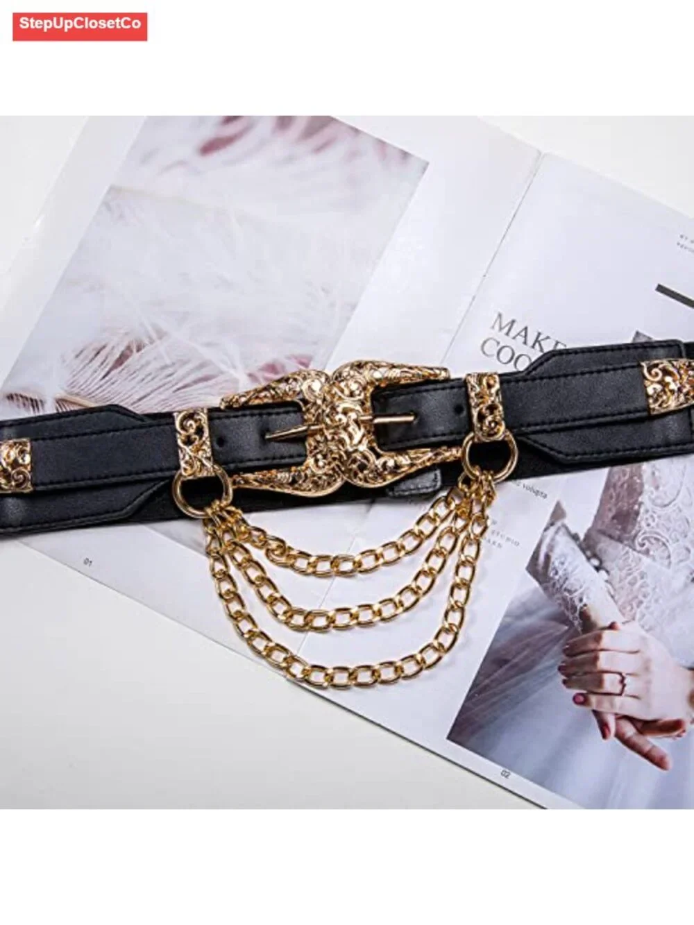 Vintage Western Adjustable Elastic Belt with Double Buckle and Gold Chains for